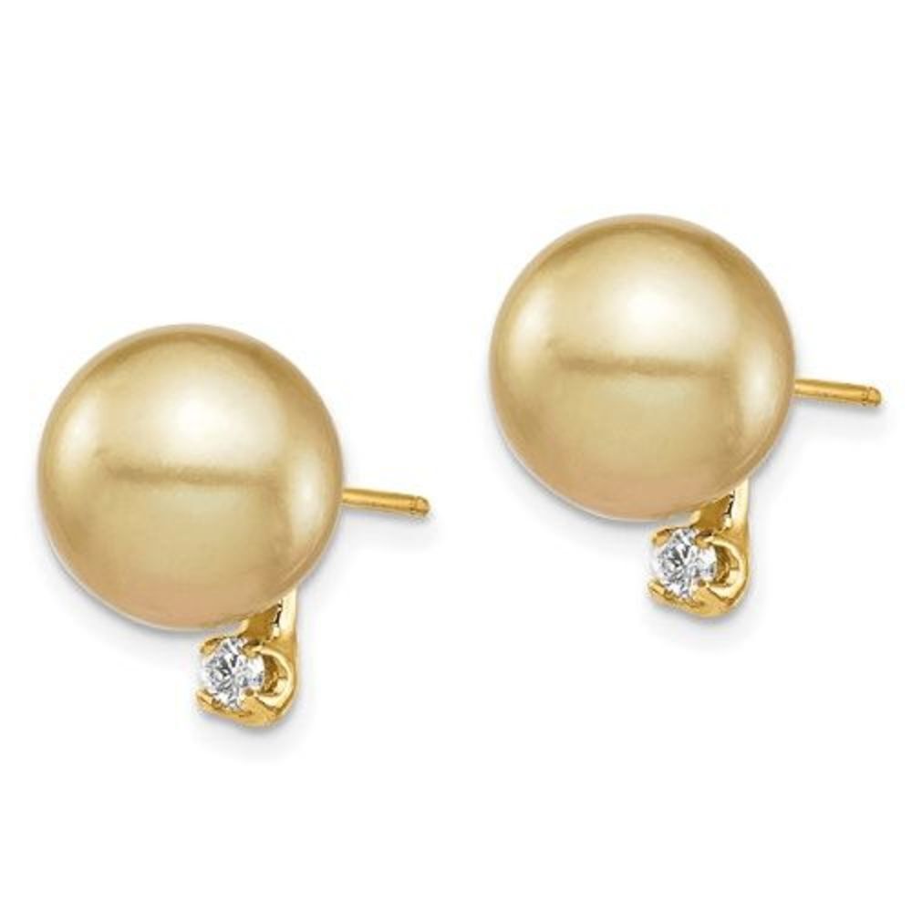 14K 9-10mm Golden Saltwater Cultured South Sea Pearl .10ct Diamond Earrings